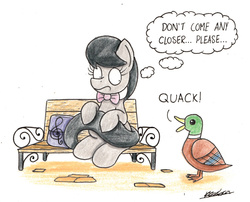 Size: 1867x1506 | Tagged: safe, artist:bobthedalek, octavia melody, bird, duck, earth pony, mallard, pony, g4, animal, bench, bowtie, duo, fear, female, male, mare, op is a duck (reaction image), open beak, quack, scared, simple background, solo, tail hold, traditional art, white background