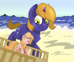 Size: 979x816 | Tagged: safe, artist:epicsquirrelgirl, oc, oc only, oc:ellison pippin, oc:star bright, earth pony, pony, unicorn, beach, female, giant pony, looking at each other, macro, mare, micro, size difference, tiny, tiny ponies, water