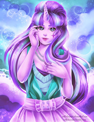 Size: 600x777 | Tagged: safe, artist:retkikosmos, starlight glimmer, human, g4, clothes, female, horn, horned humanization, humanized, lipstick, looking at you, pony coloring, solo, sparkles, uncanny valley