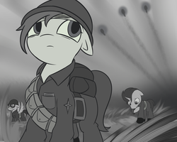 Size: 1024x819 | Tagged: safe, artist:dusthiel, oc, oc only, earth pony, pegasus, pony, unicorn, grayscale, monochrome, war