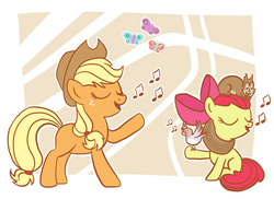 Size: 1372x1000 | Tagged: safe, artist:nawakicz, artist:ruushiicz, apple bloom, applejack, bird, butterfly, g4, missing cutie mark, music notes, open mouth, raised hoof, singing, sisters