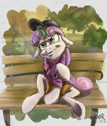 Size: 1024x1195 | Tagged: safe, artist:krecker-cream, sweetie belle, g4, baseball cap, bench, cap, chav, cigarette, clothes, female, hat, magic, sitting, smoking, solo, sweater, underhoof