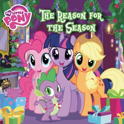 Size: 1024x1026 | Tagged: safe, applejack, pinkie pie, spike, twilight sparkle, alicorn, pony, g4, book cover, candy, candy cane, cover, food, present, twilight sparkle (alicorn)