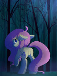 Size: 1500x2000 | Tagged: safe, artist:gnidagovnida, fluttershy, pegasus, pony, g4, butt, featureless crotch, female, floppy ears, forest, plot, solo