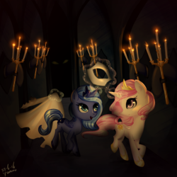 Size: 1000x1000 | Tagged: safe, artist:yuntaoxd, princess celestia, princess luna, g4, candle, candlelight, castle, castle of the royal pony sisters, cewestia, crossover, cute, female, filly, filly celestia, filly luna, hall of hooves, hallway, levitation, looking back, magic, open mouth, phantom of the opera, pink-mane celestia, raised hoof, raised leg, smiling, telekinesis, walking, woona, younger