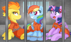 Size: 1935x1159 | Tagged: safe, artist:pearlyiridescence, rainbow dash, spitfire, twilight sparkle, alicorn, pony, g4, bound wings, chains, clothes, cross-popping veins, cuffs, jail, jumpsuit, prison, prison outfit, prisoner, prisoner rd, prisoner ts, squee, twilight sparkle (alicorn)