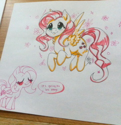 Size: 1024x1056 | Tagged: safe, artist:trazodoned, fluttershy, g4, duo, floating, looking up, speech bubble, spread wings, traditional art