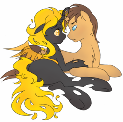 Size: 750x740 | Tagged: artist needed, safe, oc, oc only, oc:aurelia, oc:lonerover, changeling, changeling queen, pony, unicorn, changeling oc, changeling queen oc, female, interspecies, looking at each other, male, straight, yellow changeling
