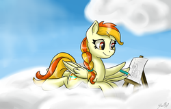 Size: 4603x2931 | Tagged: safe, artist:gaelledragons, oc, oc only, oc:little flame, cloud, drawing, solo