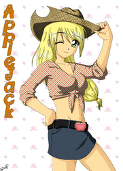 Size: 2000x2764 | Tagged: safe, artist:chibilory, applejack, human, g4, belly button, belt, clothes, cowboy hat, denim skirt, female, front knot midriff, hat, high res, humanized, midriff, skirt, solo, stetson, wink