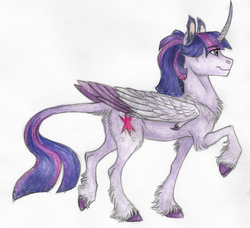 Size: 1024x933 | Tagged: safe, artist:biakela, twilight sparkle, alicorn, classical unicorn, pony, g4, chest fluff, cloven hooves, colored wings, colored wingtips, curved horn, ear fluff, female, horn, leonine tail, raised hoof, raised leg, simple background, smiling, solo, traditional art, twilight sparkle (alicorn), unshorn fetlocks