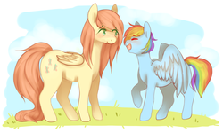 Size: 1280x768 | Tagged: safe, artist:catchomp, fluttershy, rainbow dash, g4, duo, eyes closed, female, height difference, lesbian, looking at each other, ship:flutterdash, shipping, spread wings