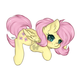 Size: 1024x1024 | Tagged: safe, artist:lionbun, fluttershy, g4, blushing, ear fluff, female, folded wings, heart eyes, looking at you, prone, simple background, solo, transparent background, watermark, wingding eyes