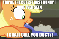 Size: 1168x772 | Tagged: safe, edit, edited screencap, screencap, applejack, g4, the saddle row review, cute, dust, dustpan, image macro, meme, smiling