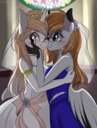 Size: 1300x1700 | Tagged: safe, artist:silbersternenlicht, oc, oc only, anthro, blushing, bride, clothes, commission, cute, dress, female, gay marriage, lesbian, marriage, oc x oc, shipping, wedding, wedding dress