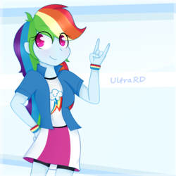 Size: 1000x1000 | Tagged: dead source, safe, artist:ultrard, rainbow dash, equestria girls, g4, clothes, colored pupils, compression shorts, cute, devil horn (gesture), female, shorts, skirt, solo, wristband