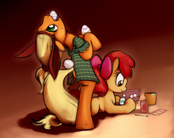 Size: 3317x2626 | Tagged: safe, artist:gsphere, apple bloom, applejack, g4, bunny ears, easter, easter egg, egg, misleading thumbnail, not what it looks like, wat