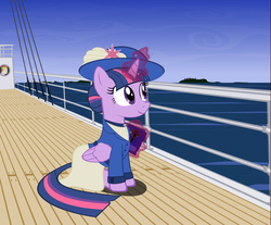 Size: 3377x2791 | Tagged: safe, artist:gennadykalugina, fluttershy, twilight sparkle, alicorn, pony, g4, alternate hairstyle, boat, female, folded wings, glowing horn, hair bun, hat, horn, magic, mare, solo, sun hat, telekinesis, twilight sparkle (alicorn), vector