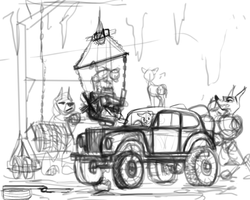 Size: 1280x1024 | Tagged: safe, artist:celestiawept, oc, oc only, diamond dog, car, mad max, monochrome