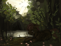 Size: 1600x1200 | Tagged: safe, artist:celestiawept, scootaloo, g4, crying, female, forest, lying down, pond, sad, solo