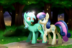 Size: 1024x683 | Tagged: safe, artist:scarlet-spectrum, bon bon, lyra heartstrings, sweetie drops, earth pony, firefly (insect), pony, unicorn, g4, colored pupils, duo, duo female, female, glowing horn, grass, happy, horn, looking at each other, magic, mare, open mouth, path, raised hoof, smiling, speedpaint, stroll, tree, twilight (astronomy), walking
