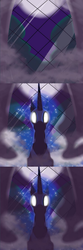 Size: 594x1782 | Tagged: safe, artist:azurek, nightmare moon, ask princess moon, g4, comic, dark, female, fog, glowing eyes, moon, solo, window