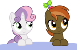 Size: 5000x3309 | Tagged: safe, artist:dashiesparkle, artist:jan, button mash, sweetie belle, button's adventures, g4, .svg available, absurd resolution, buttonbetes, c:, cute, diasweetes, female, hat, looking up, male, ponyscape, propeller hat, ship:sweetiemash, shipping, simple background, smiling, straight, table, transparent background, vector