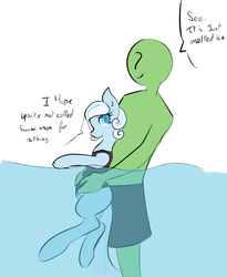 Size: 1360x1660 | Tagged: safe, artist:fluffleduckle, oc, oc only, oc:anon, oc:snowdrop, human, pony, 4chan, clothes, holding a pony, swimming, swimsuit