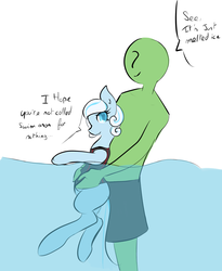 Size: 1360x1660 | Tagged: safe, artist:fluffleduckle, oc, oc only, oc:anon, oc:snowdrop, human, pony, 4chan, clothes, holding a pony, one-piece swimsuit, swimming, swimsuit