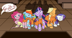 Size: 4791x2514 | Tagged: safe, artist:mama_monstrosity, applejack, fluttershy, pinkie pie, rainbow dash, rarity, twilight sparkle, alicorn, pony, g4, abuse, bound wings, clothes, court, courtroom, crying, guilty, mane six, nervous smile, prison outfit, prisoner, prisoner aj, prisoner fs, prisoner pp, prisoner rd, prisoner ry, prisoner ts, sad, shackles, this will end in jail time, twilight sparkle (alicorn), twilybuse, wide eyes