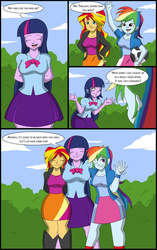 Size: 709x1127 | Tagged: safe, artist:tfsubmissions, part of a set, rainbow dash, sunset shimmer, twilight sparkle, human, equestria girls, g4, breasts, busty rainbow dash, busty sunset shimmer, busty twilight sparkle, clothes, comic, dialogue, female, football, hug, male to female, one eye closed, part of a series, rule 63, skirt, speech bubble, transformation, transgender transformation, trio, waving, wink