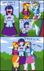 Size: 709x1127 | Tagged: safe, alternate version, artist:tfsubmissions, part of a set, rainbow dash, sunset shimmer, twilight sparkle, human, equestria girls, g4, clothes, comic, derp, dialogue, faic, football, hug, male to female, part of a series, rule 63, skirt, sweetie derelle, transformation, transgender transformation, vagineer, wat