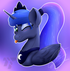 Size: 1867x1905 | Tagged: safe, artist:nexcoyotlgt, princess luna, g4, :p, alternate hairstyle, blushing, cute, female, flirting, heart eyes, looking at you, ponytail, smiling, solo, tongue out, wingding eyes, wink
