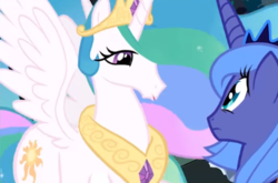 Size: 399x264 | Tagged: safe, screencap, princess celestia, princess luna, pony, g4, anatomically incorrect, great moments in animation, s1 luna