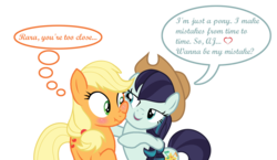 Size: 1899x1098 | Tagged: safe, artist:alberbrony, applejack, coloratura, g4, the mane attraction, accessory swap, blushing, comic, dialogue, female, hat, lesbian, rara, scrunchy face, ship:rarajack, shipping, song, song reference, squishy cheeks