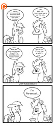 Size: 588x1357 | Tagged: safe, artist:foxbeast, rainbow dash, soarin', pony, comic:pie love, g4, comic, dialogue, female, food, male, monochrome, patreon, patreon logo, pie, pun, ship:soarindash, shipping, shipping denied, simple background, straight, that pony sure does love pies, white background