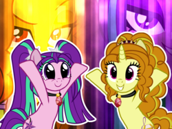 Size: 1366x1024 | Tagged: safe, artist:alberbrony, adagio dazzle, aria blaze, earth pony, human, unicorn, equestria girls, g4, disguise, disguised siren, duo, duo female, earth pony aria blaze, equestria girls ponified, female, gem, horn, hugs needed, lesbian, mare, out of character, ponified, ship:adaria, shipping, siren gem, unicorn adagio dazzle