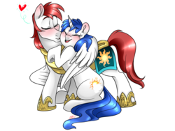 Size: 1600x1200 | Tagged: safe, artist:dragonfoxgirl, oc, oc only, oc:rain breeze, oc:zipline, blushing, commission, cuddling, cute, duo, female, giggling, hug, husband and wife, kissing, male, married, oc x oc, royal guard, shipping, simple background, snuggling, straight, transparent background, winghug