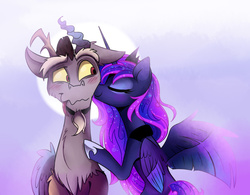 Size: 2524x1970 | Tagged: safe, artist:elementalokami, discord, princess luna, g4, blushing, cheek kiss, colored wings, colored wingtips, cute, discute, eyes closed, female, floppy ears, kissing, male, nuzzling, ship:lunacord, shipping, smiling, spread wings, straight, tongue out, wavy mouth