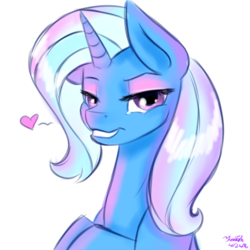 Size: 1024x1024 | Tagged: safe, artist:fanaticpanda, trixie, pony, unicorn, g4, bedroom eyes, bust, cute, diatrixes, eyeshadow, female, floating heart, heart, looking at you, makeup, mare, simple background, solo