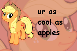 Size: 734x489 | Tagged: safe, applejack, pony, g4, /mlp/, caption, comic sans, english, female, grammar error, lies, mare, smiling, solo, standing, text, that pony sure does love apples