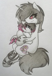 Size: 1280x1875 | Tagged: safe, artist:kitistrasza, oc, oc:high voltage, oc:metalica gears, pony, hug, mother and daughter, traditional art, watermark