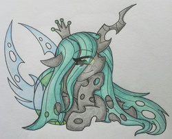 Size: 1600x1298 | Tagged: safe, artist:kitistrasza, queen chrysalis, changeling, changeling queen, g4, crown, female, jewelry, regalia, sassy, solo, traditional art, transparent wings, watermark, wings