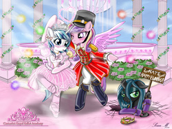 Size: 3600x2700 | Tagged: safe, artist:avchonline, princess cadance, queen chrysalis, shining armor, fairy, pony, semi-anthro, g4, ballerina, ballet, ballet slippers, bipedal, blushing, boots, bow, broken horn, canterlot royal ballet academy, clara, clothes, coat, crossdressing, crown, dancing, dress, en pointe, evening gloves, eyeshadow, featured image, femboy, finger turn, flower, fountain, frilly dress, gloves, hair bow, hat, high res, horn, jewelry, makeup, male, mouse king, necklace, pantyhose, pas de deux, petticoat, prince (the nutcracker), puffy sleeves, regalia, ribbon, sexy, shako, shining femboy armor, sign, sissy, the nutcracker, tiara, tutu