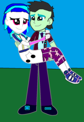 Size: 707x1024 | Tagged: safe, artist:cg1995, dj pon-3, neon lights, rising star, vinyl scratch, equestria girls, g4, my little pony equestria girls: friendship games, bridal carry, clothes, crystal prep academy uniform, female, male, school uniform, ship:vinylights, shipping, straight