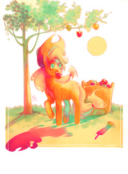 Size: 882x1200 | Tagged: safe, artist:fleebites, applejack, earth pony, pony, g4, apple, apple tree, cart, cottagecore, cowboy hat, female, food, hat, mare, marker drawing, mouth hold, shadow, solo, sun, traditional art, tree