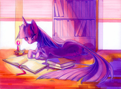 Size: 1200x886 | Tagged: safe, artist:fleebites, twilight sparkle, pony, unicorn, g4, book, candle, female, mare, marker drawing, prone, reading, solo, traditional art
