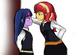 Size: 861x646 | Tagged: safe, artist:angeltorchic, sunset shimmer, twilight sparkle, equestria girls, against wall, arm behind back, blushing, canterlot academia, clothes, duo, female, kabedon, lesbian, little witch academia, looking at each other, shipping, sunsetsparkle