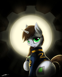 Size: 2000x2500 | Tagged: safe, artist:gasmaskfox, oc, oc only, oc:littlepip, pony, unicorn, fallout equestria, butt, clothes, dock, fanfic, fanfic art, female, high res, hooves, horn, jumpsuit, looking at you, mare, open mouth, pipbuck, plot, solo, vault suit