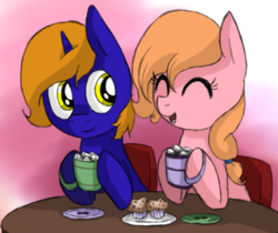 Size: 500x419 | Tagged: safe, artist:epicsquirrelgirl, oc, oc only, oc:ellison pippin, oc:star bright, earth pony, pony, unicorn, chocolate, female, food, hot chocolate, male, mare, muffin, stallion